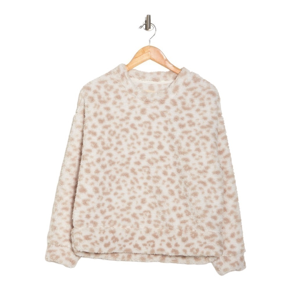 THREAD & SUPPLY Crewneck Pullover Sweater In White Leopard